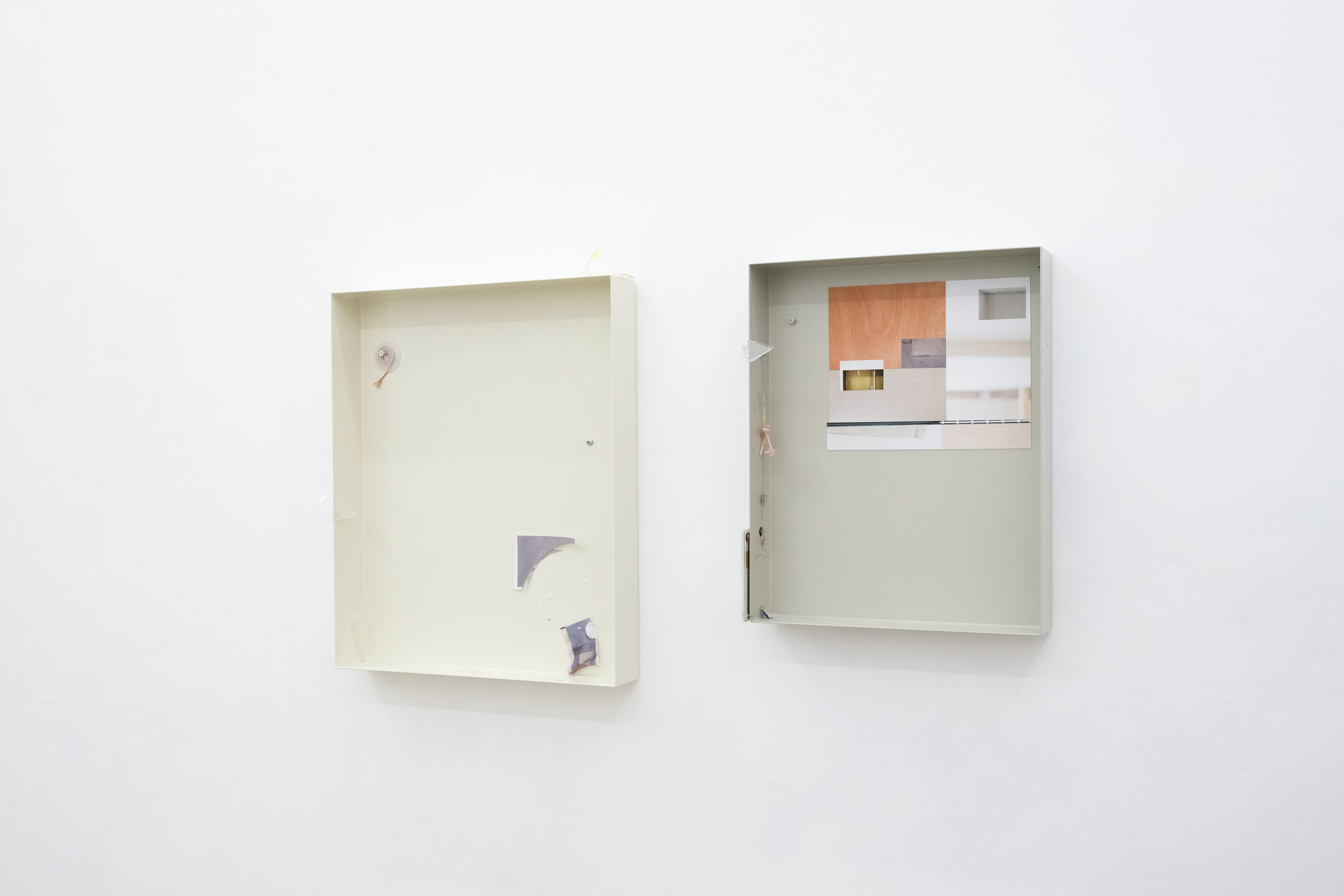 Sara Wu · Two wall-mounted box sculptures, one empty one with photograph