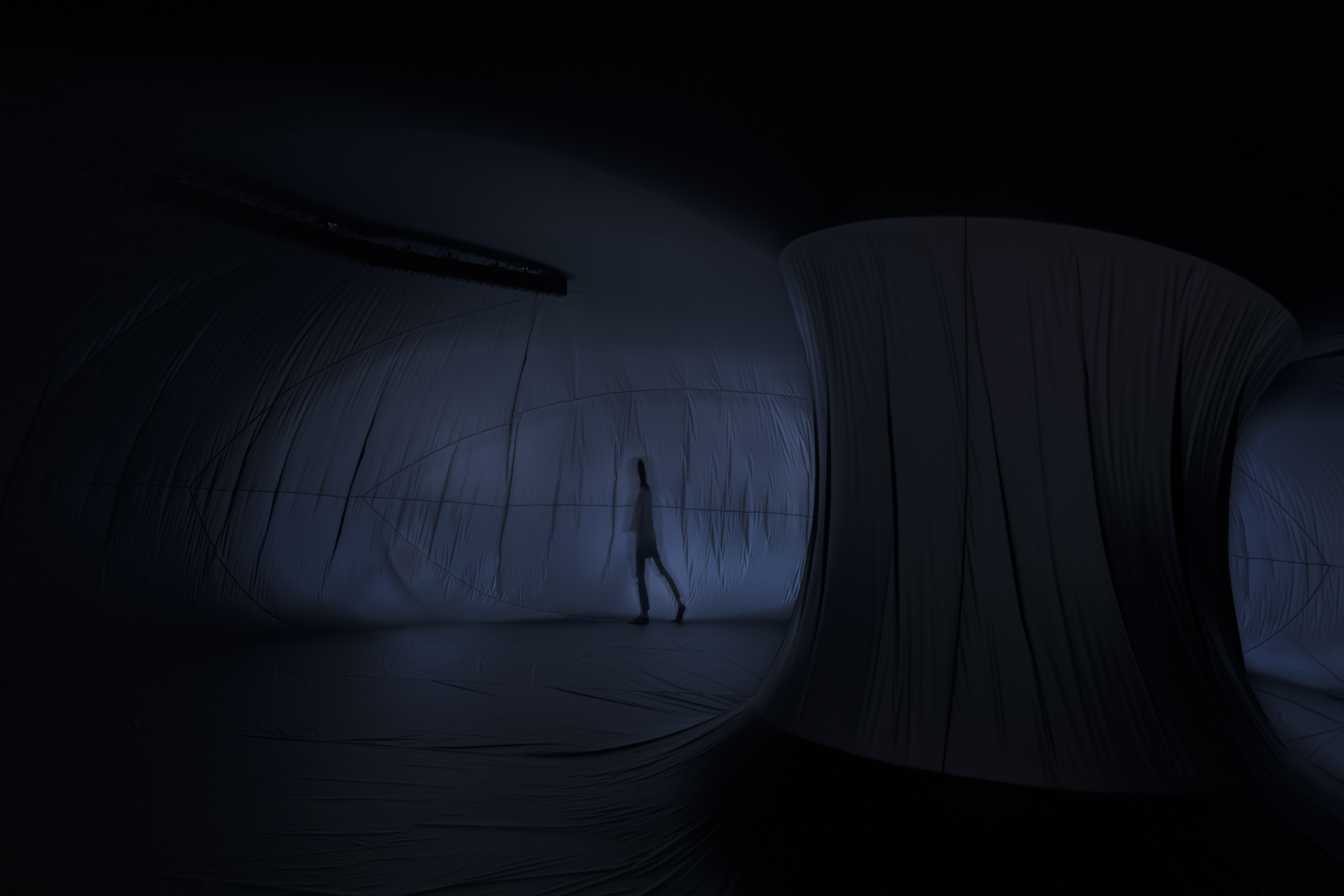 Teyu Wang · Air-sac installation, dark interior with figure